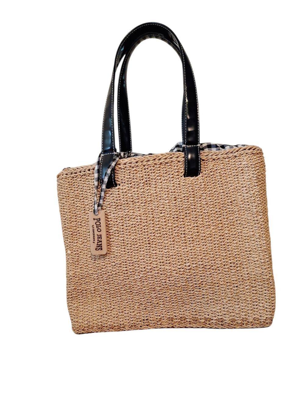 Apollo Jeans Natural Straw Tote with Black Handles